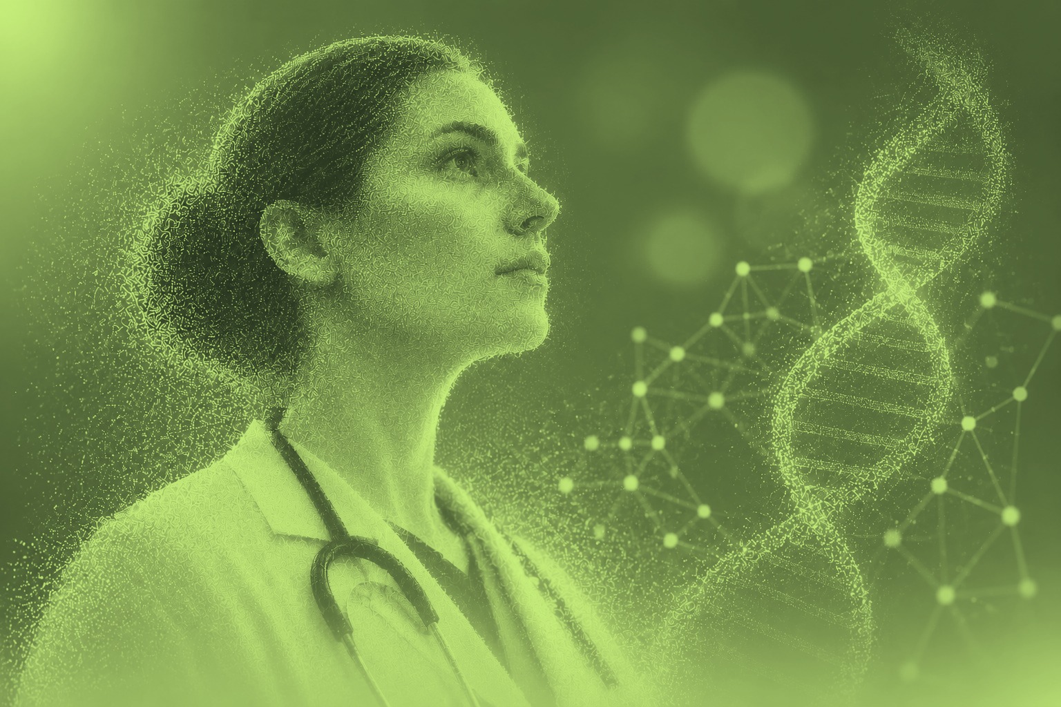 Doctora observando visualizaciones de datos e inteligencia artificial aplicada a salud